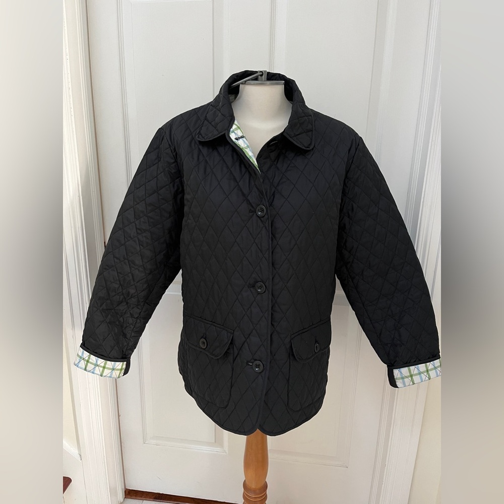 Lands’ End Women’s  Black Quilted Lightweight Button Down Coat Front Pocket